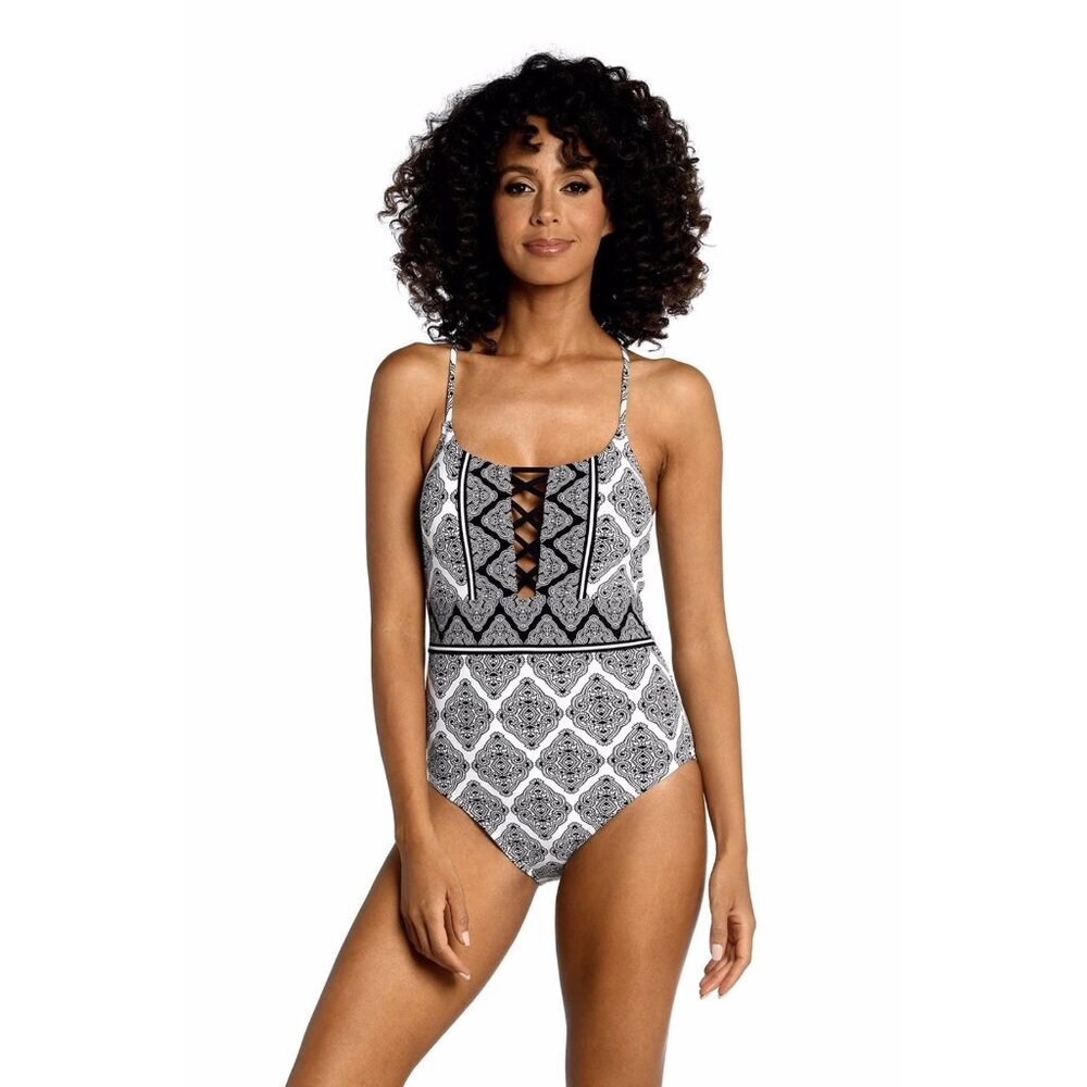 La Blanca Sz 16 Strappy One Piece Bathing Suit White Black Floral Boho Lattice